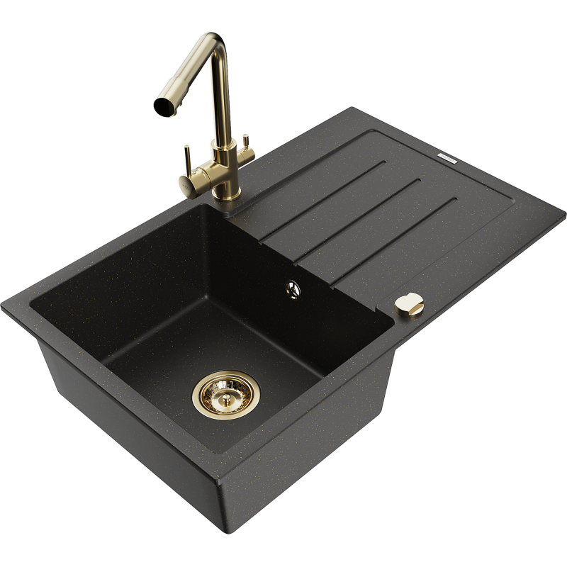 Mexen Bruno granitový drez s 1 komorou, odkvapkávačom a kuchynskou batériou Duero, čierny/zlatý metalik