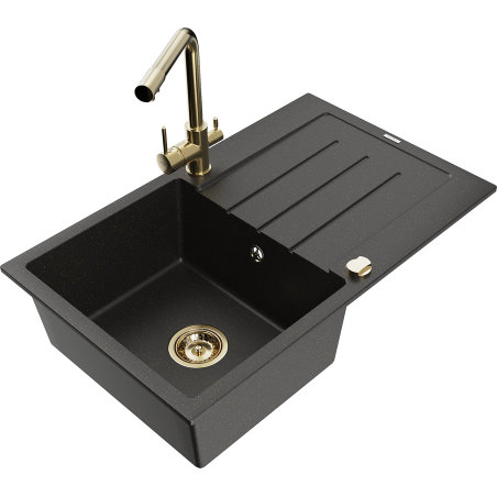 Mexen Bruno granitový drez s 1 komorou, odkvapkávačom a kuchynskou batériou Duero, čierny/zlatý metalik