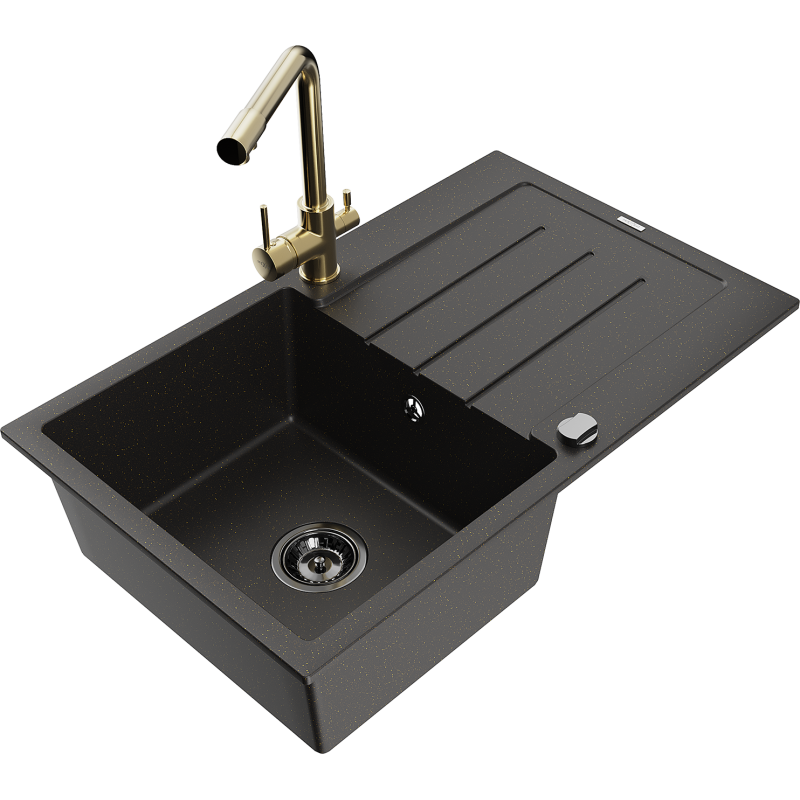 Mexen Bruno granitový kuchynský drez 1-komorový s odkvapkávačom a kuchynskou batériou Duero, čierny/zlatý metalický