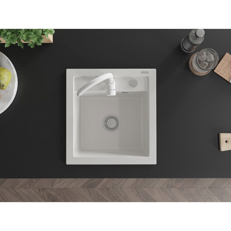 Mexen Vito granitový drez 1-komorový s kuchynskou batériou Telma, biely - 6503-20-670200-20