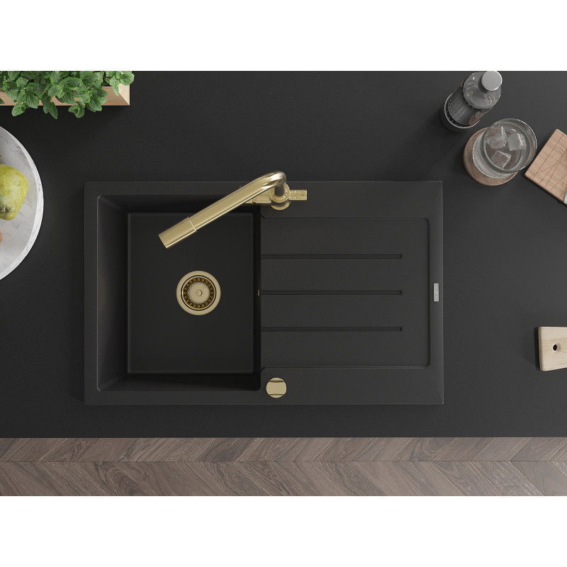 Mexen Bruno žulový kuchynský drez s 1 komorou a odkvapkávacou plochou a kuchynskou batériou Duero, čierny - 6513-77-671600-50