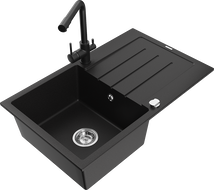 Mexen Bruno žulový drez 1-komorový s odkvapkávačom a kuchynskou batériou Duero, čierny - 6513-77-671600-70