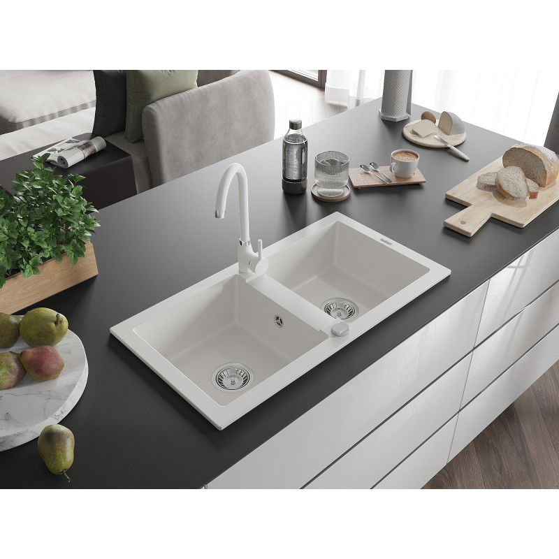 Mexen Mario dvojkomorový granitový drez s kuchynskou batériou Telma, biely - 6504-20-670200-20