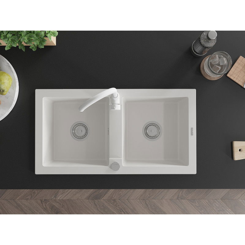 Mexen Mario dvojkomorový granitový drez s kuchynskou batériou Telma, biely - 6504-20-670200-20