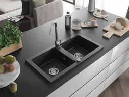 Mexen Mario granitový dvojkomorový drez s kuchynskou batériou Telma, čierny/strieborný - 6504-73-670200-00