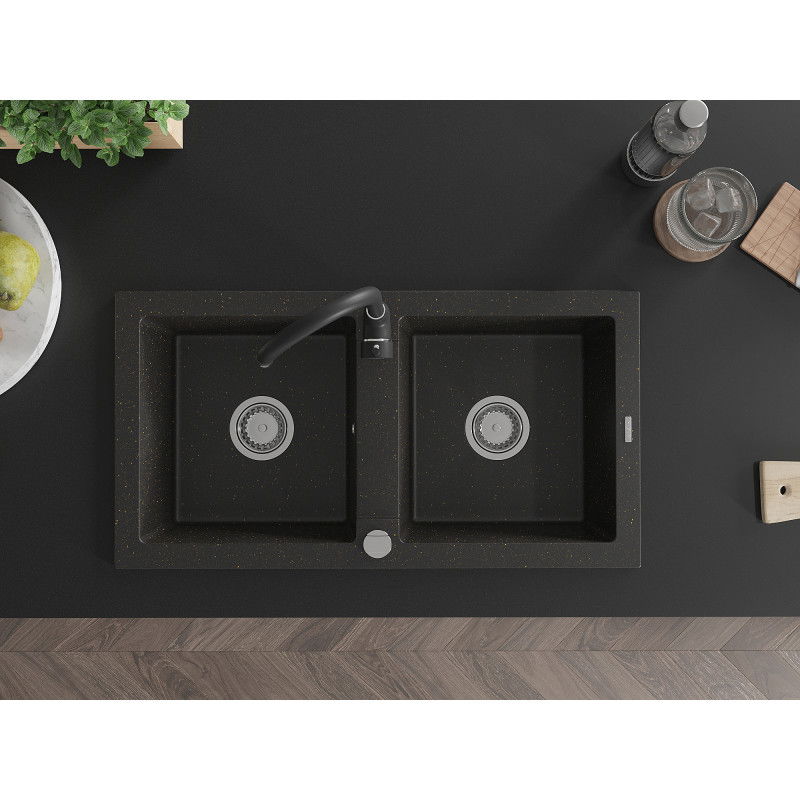 Mexen Mario žulový dvojkomorový drez s kuchynskou batériou Telma, čierny/zlatý - 6504-75-670200-70