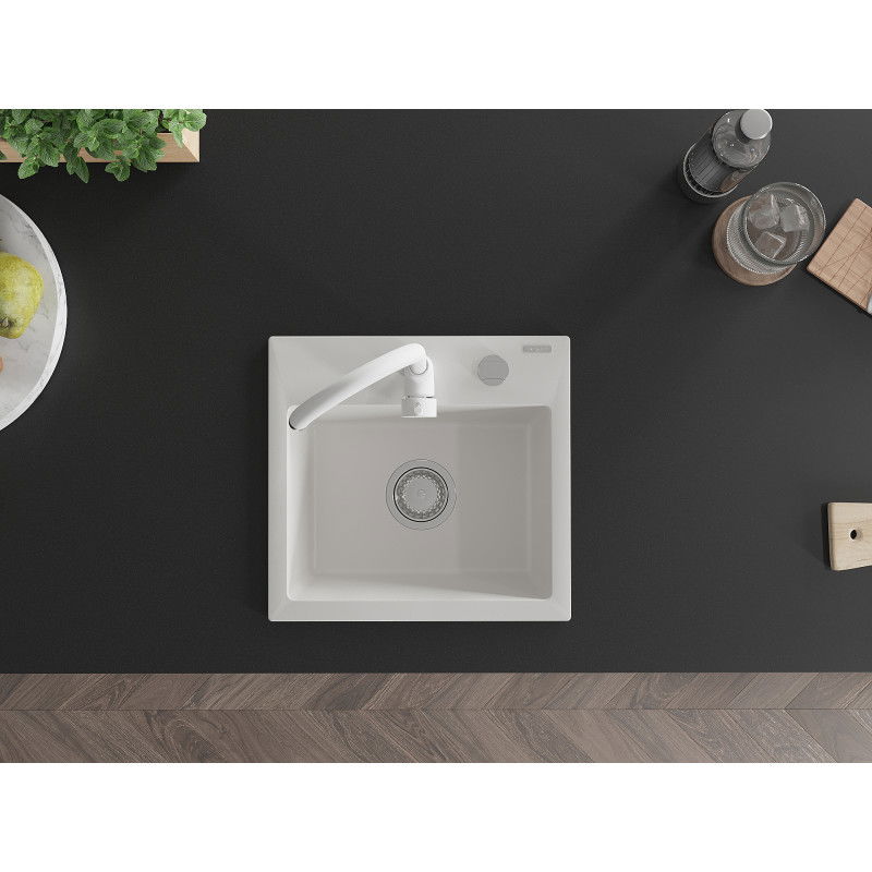 Mexen Milo kuchynský drez z granitu 1-komorový s kuchynskou batériou Telma, biely - 6505-20-670200-20