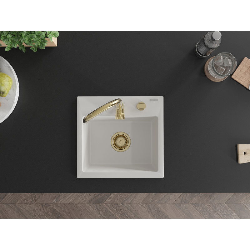 Mexen Milo granitový drez 1-komorový s kuchynskou batériou Telma, biely - 6505-20-670200-50