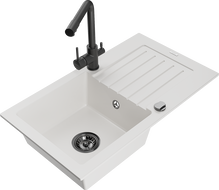 Mexen Pablo žulový drez s 1 komorou, s odkvapkávačom a kuchynskou batériou Duero, biela - 6510-20-671600-70