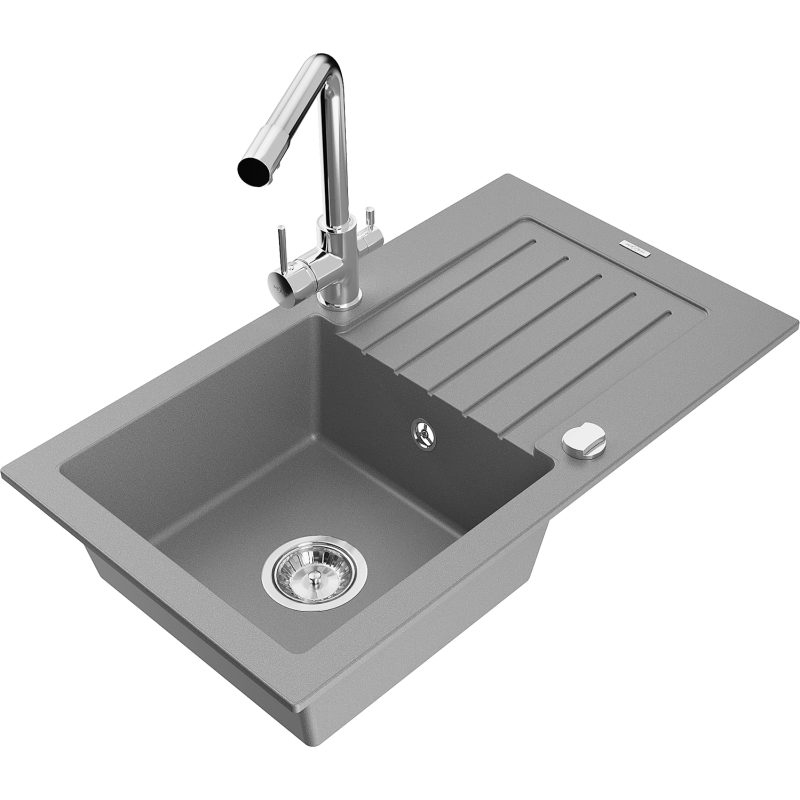 Mexen Pablo žulový drez s 1 miskou a odkvapkávačom a kuchynskou batériou Duero, sivý - 6510-71-671600-00