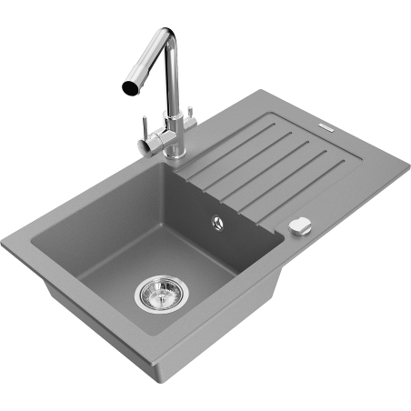 Mexen Pablo žulový drez s 1 miskou a odkvapkávačom a kuchynskou batériou Duero, sivý - 6510-71-671600-00