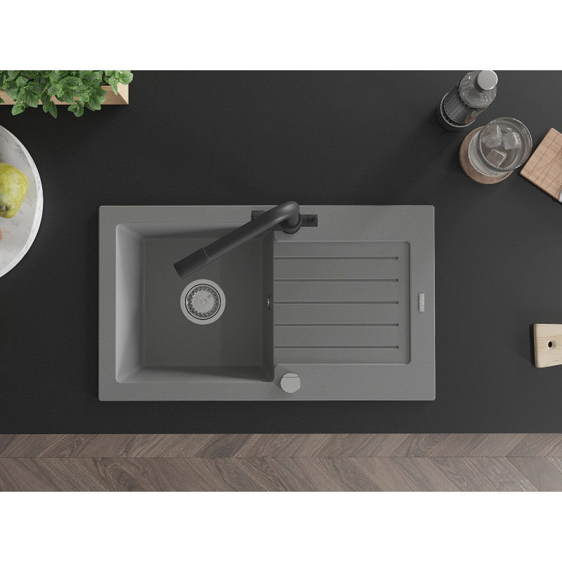 Mexen Pablo jednokomorový žulový drez s odkvapkávacou plochou a kuchynskou batériou Duero, sivý - 6510-71-671600-70
