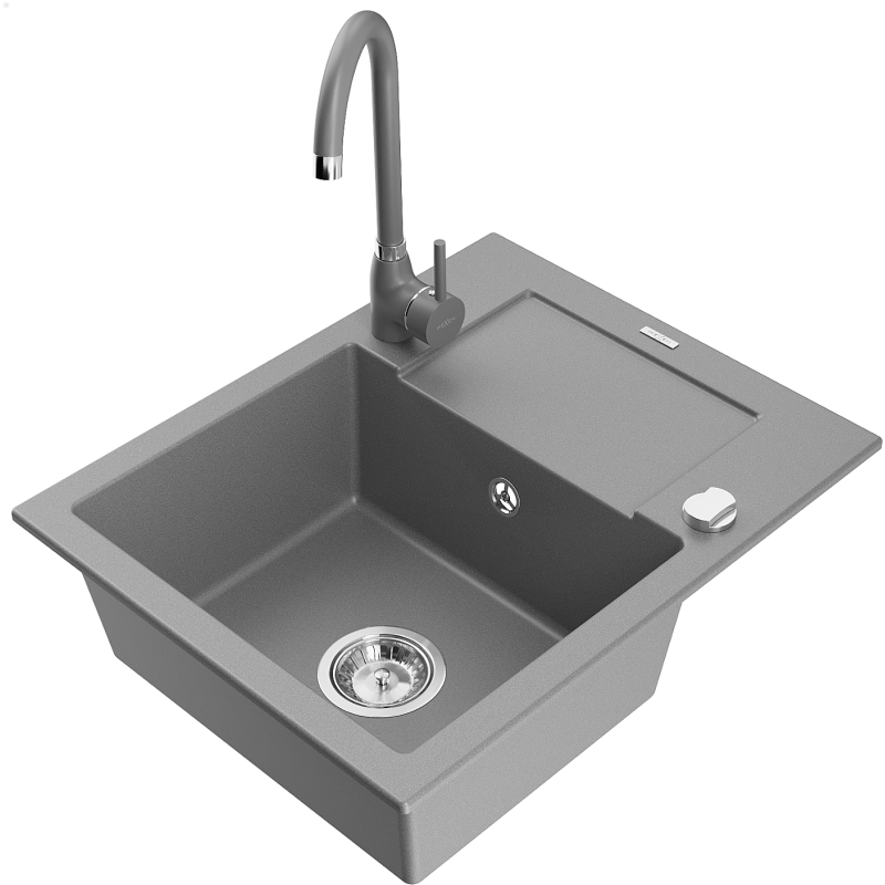 Mexen Enzo granitový drez 1-komorový s odkvapkávačom a kuchynskou batériou Telma, sivý - 6506-71-670200-71