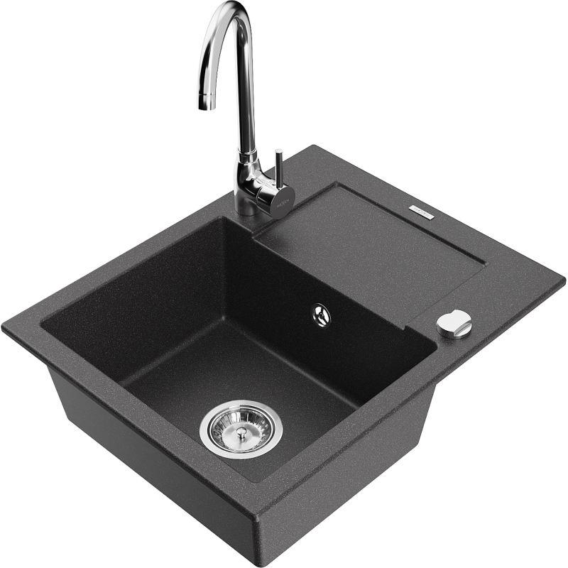 Mexen Enzo granitový drez s odkvapkávačom a kuchynskou batériou Telma, čierny s bodkami - 6506-76-670200-00