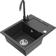 Mexen Enzo granitový drez 1-komorový s odkvapkávačom a kuchynskou batériou Telma, čierny škvrnitý - 6506-76-670200-76