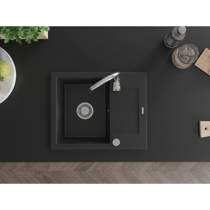 Mexen Enzo granitový drez, 1-komorový s odkvapkávačom a kuchynskou batériou Telma, čierny - 6506-77-670200-00