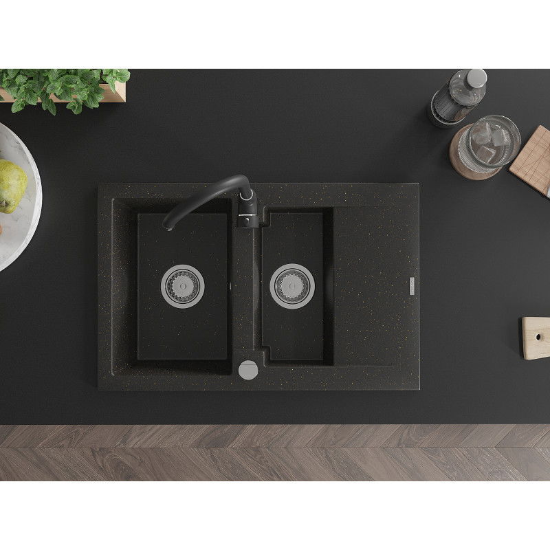 Mexen Gaspar granitový drez 1,5-komorový s odkvapkávačom a kuchynskou batériou Telma, čierny/zlatý - 6507-75-670200-70