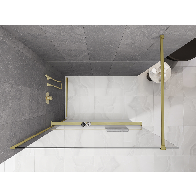 Mexen Kioto+ sprchová stena s poličkou Walk-in 150 x 200 cm, biela ombre 8 mm, zlatá kartáčovaná - 800-150-121-55-86