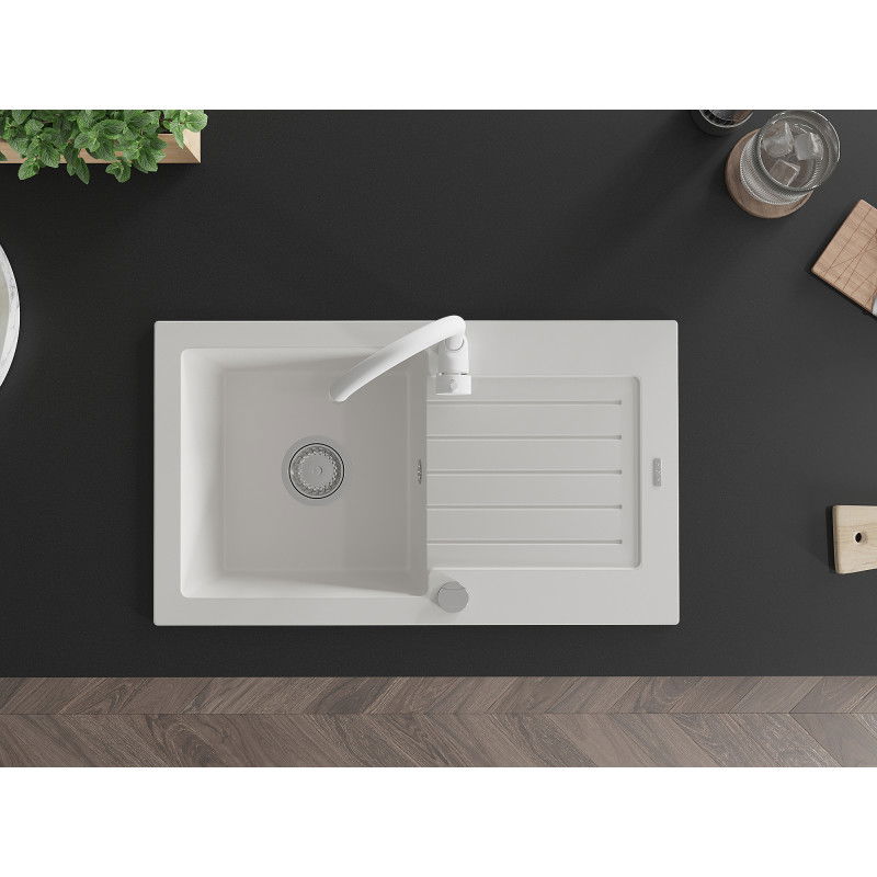 Mexen Pablo žulový drez s 1 komorou a odkvapkávacou plochou s kuchynskou batériou Telma, biela - 6510-20-670200-20