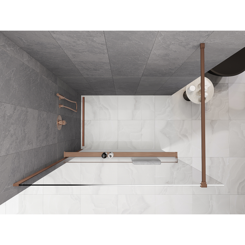 Mexen Kioto+ sprchová stena s poličkou Walk-in 90 x 200 cm, biela ombre 8 mm, brúsená meď - 800-090-121-65-86