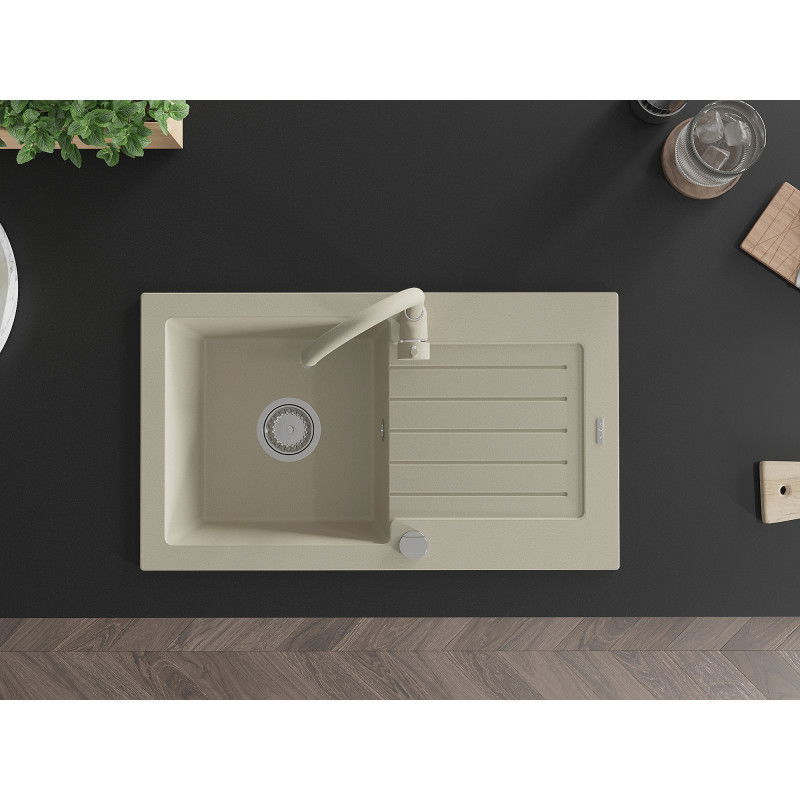 Mexen Pablo granitový drez s 1 priehradkou a odkvapkávačom a kuchynskou batériou Telma, béžový - 6510-69-670200-69