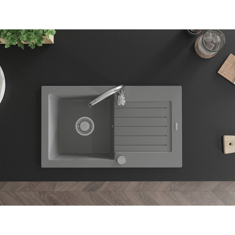 Mexen Pablo žulový kuchynský drez s 1 miskou a odkvapkávačom a kuchynskou batériou Telma, sivý - 6510-71-670200-00