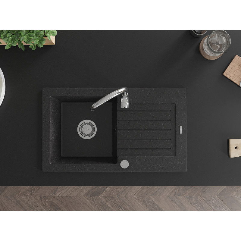 Mexen Pablo jednokomorový granitový drez s odkvapkávačom a kuchynskou batériou Telma, čierny/strieborný - 6510-73-670200-00