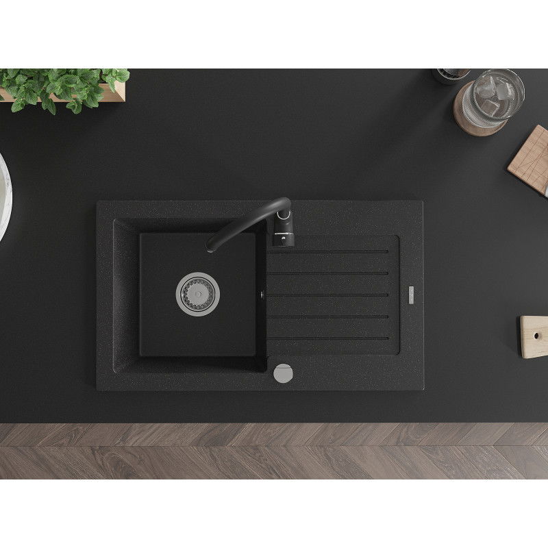 Mexen Pablo žulový drez 1-komorový s odkvapkávačom a kuchynskou batériou Telma, čierna/strieborná - 6510-73-670200-70