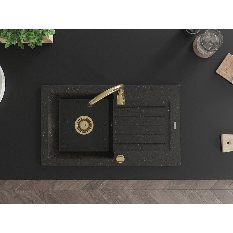 Mexen Pablo žulový drez 1-komorový s odkvapkávačom a kuchynskou batériou Telma, čierny/zlatý - 6510-75-670200-50