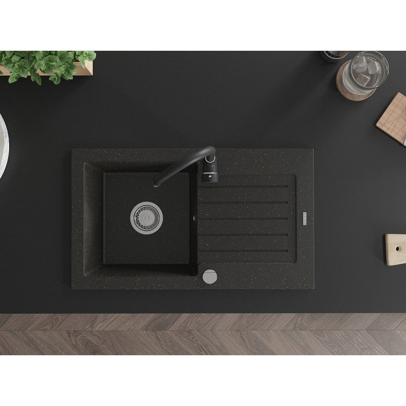 Mexen Pablo žulový drez 1-komorový s odkvapkávačom a kuchynskou batériou Telma, čierny/zlatý - 6510-75-670200-70