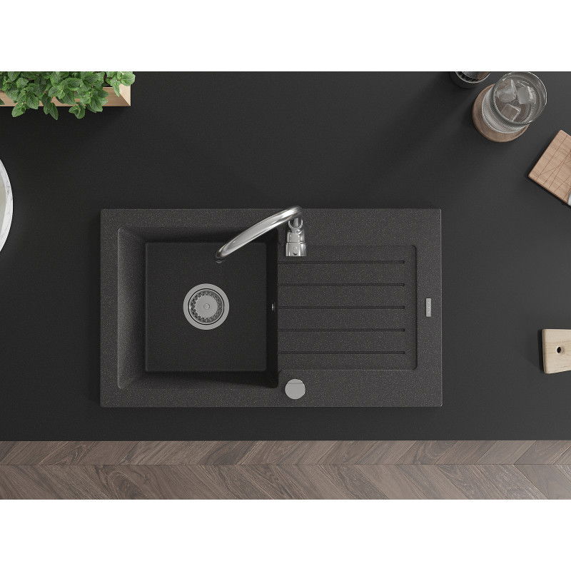 Mexen Pablo granitový drez 1-komorový s odkvapkávačom a kuchynskou batériou Telma, čierny bodkovaný - 6510-76-670200-00