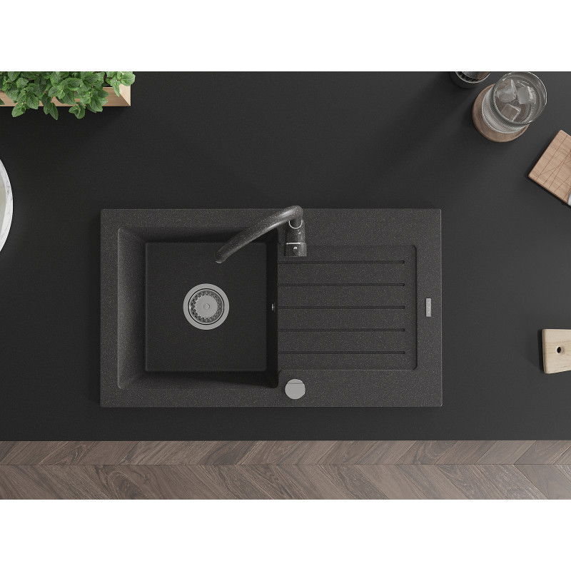 Mexen Pablo žulový drez s 1 komorou a odkvapkávačom a kuchynskou batériou Telma, čierny s bodkami - 6510-76-670200-76