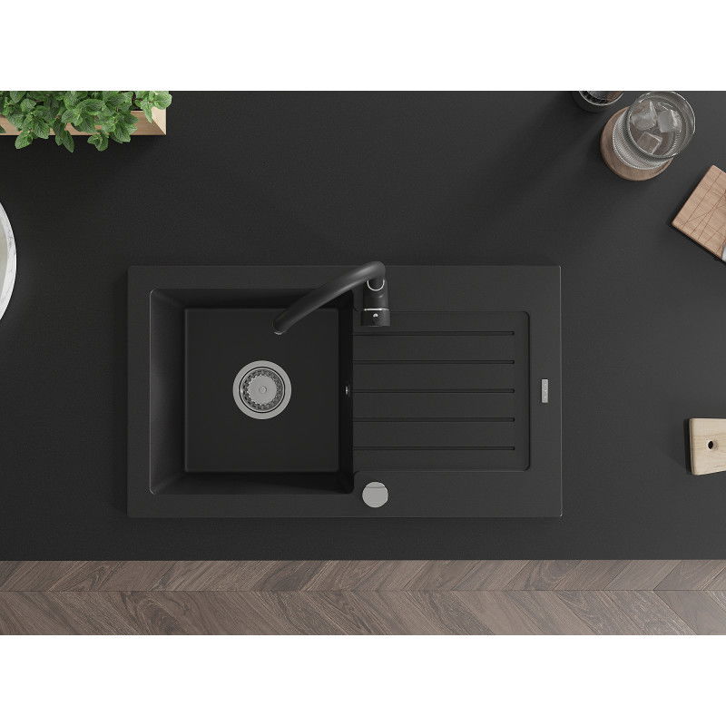 Mexen Pablo žulový drez 1-komorový s odkvapkávačom a kuchynskou batériou Telma, čierny - 6510-77-670200-70