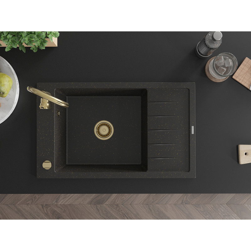 Mexen Elias žulový drez 1-komorový s odkvapkávačom a kuchynskou batériou Telma, čierny/zlatý - 6511-75-670200-50