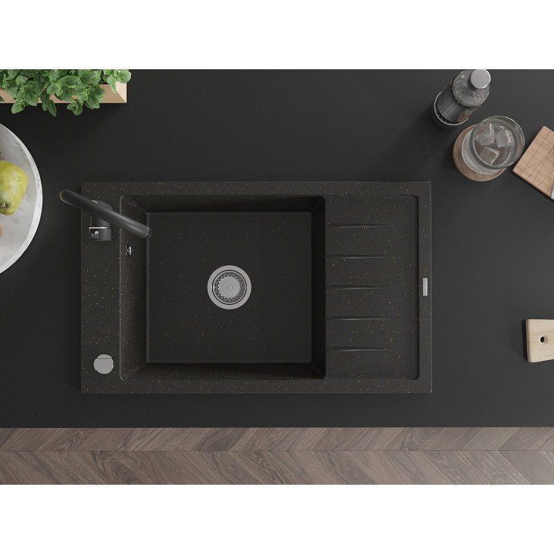 Mexen Elias kuchynský drez granitový 1-komorový s odkvapkávačom a kuchynskou batériou Telma, čierny/zlatý - 6511-75-670200-70