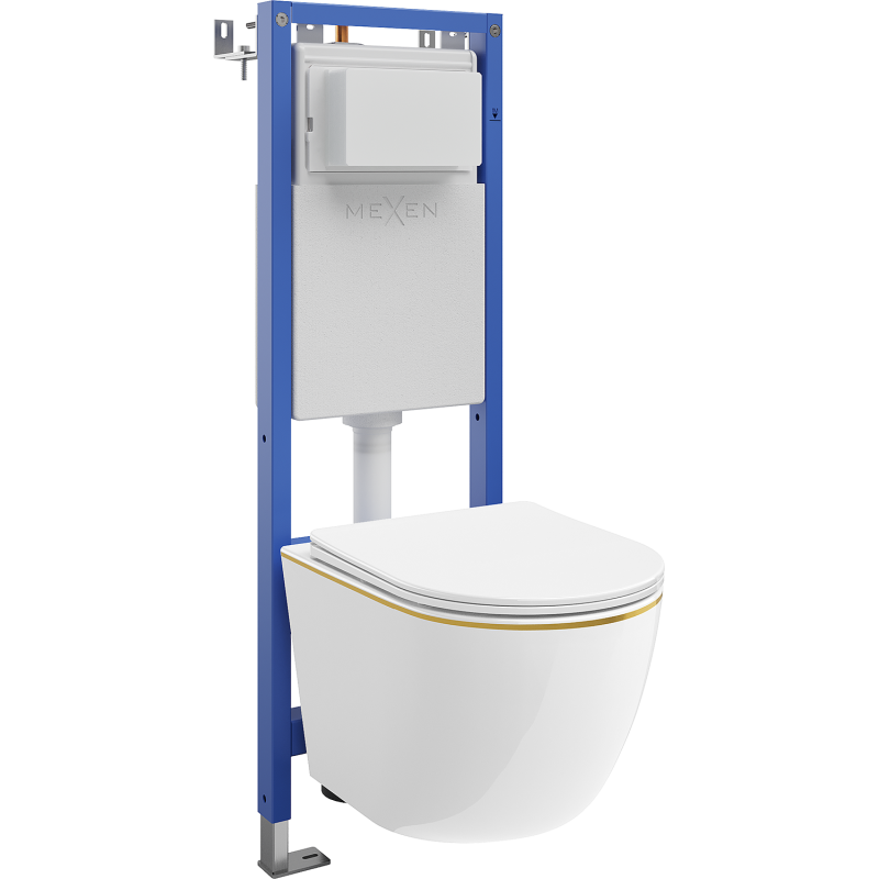 Mexen Lena zabudovaný WC set úzky, rohový Tex W s WC misou a pomaly sklápaceľnou doskou, biely/zlatý - 610530224005