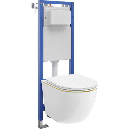 Mexen Lena zabudovaný WC set úzky, rohový Tex W s WC misou a pomaly sklápaceľnou doskou, biely/zlatý - 610530224005