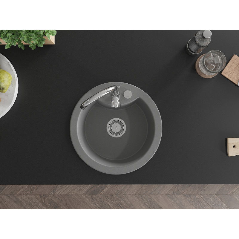 Mexen Diego granitový kuchynský drez 1-komorový s kuchynskou batériou Telma, sivý - 6512-71-670200-00