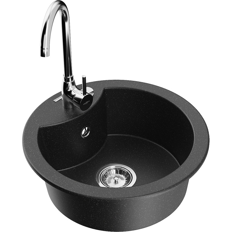 Mexen Diego granitový kuchynský drez 1-komorový s kuchynskou batériou Telma, čierny/strieborný - 6512-73-670200-00