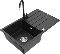 Mexen Bruno granitový drez 1-komorový s odkvapkávacou a kuchynskou batériou Telma, čierny/strieborný - 6513-73-670200-70