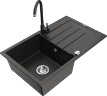 Mexen Bruno granitový drez 1-komorový s odkvapkávačom a kuchynskou batériou Telma, čierna/zlatá - 6513-75-670200-70