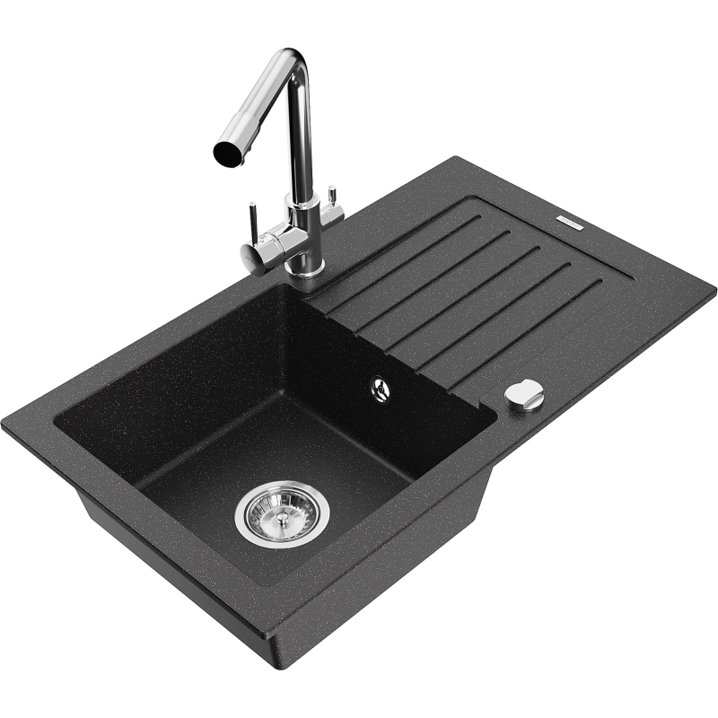Mexen Pablo granitový drez s odkvapkávačom a kuchynskou batériou Duero, čierno/strieborný metalický - 6510-73-671600-00