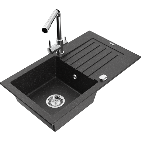 Mexen Pablo granitový drez s odkvapkávačom a kuchynskou batériou Duero, čierno/strieborný metalický - 6510-73-671600-00