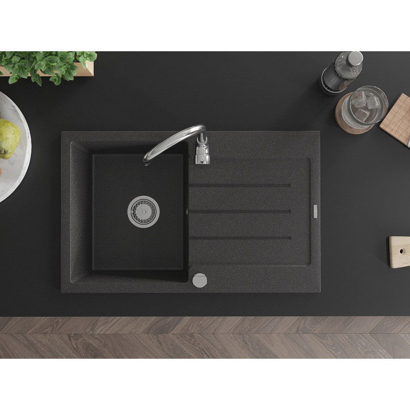 Mexen Bruno žulový drez 1-komorový s odkvapkávačom a kuchynskou batériou Telma, čierny s bodkami - 6513-76-670200-00