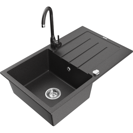 Mexen Bruno žulový drez s jednou komorou s odkvapkávačom a kuchynskou batériou Telma, čierny s bodkami - 6513-76-670200-76