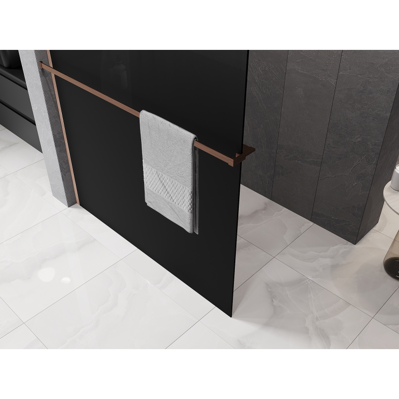 Mexen Kioto+ Sprchová stena s poličkou Walk-in 90 x 200 cm, čierna ombre 8 mm, kartáčovaná meď - 800-090-121-65-76