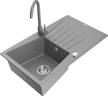 Mexen Cesar žulový kuchynský drez 1-komorový s odkvapkávačom a kuchynskou batériou Telma, sivý - 6514-71-670200-71