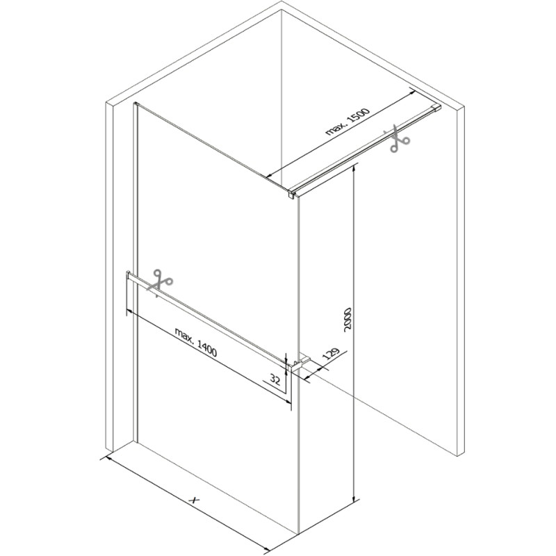 Mexen Kioto+ sprchová stena s policou Walk-in 100 x 200 cm, ombre čierna 8 mm, gun metal - 800-100-121-95-76
