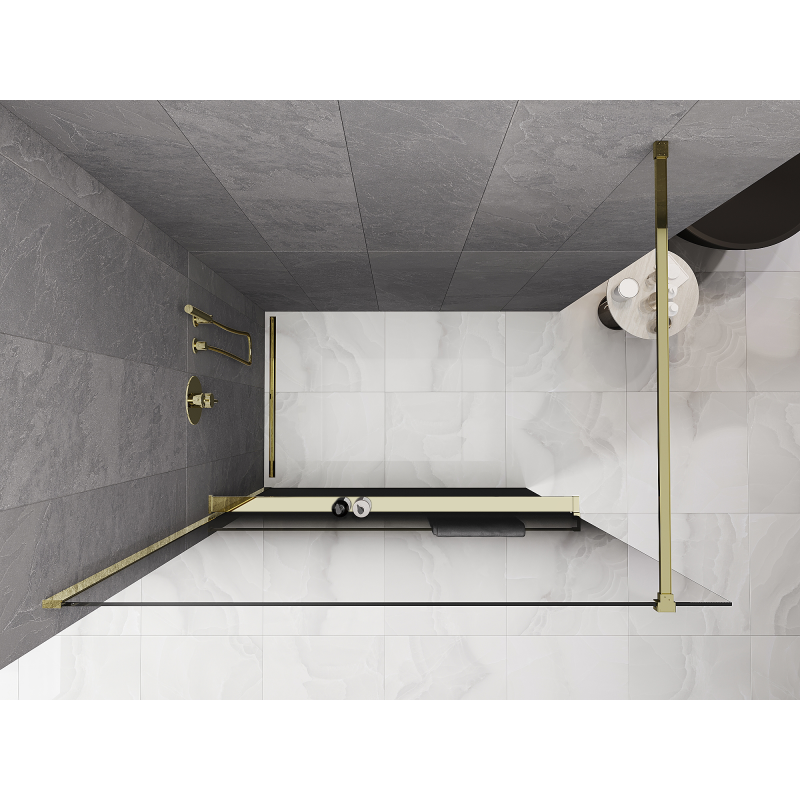 Mexen Kioto+ sprchová stena s poličkou Walk-in 100 x 200 cm, čierna ombre 8 mm, zlatá - 800-100-121-50-76