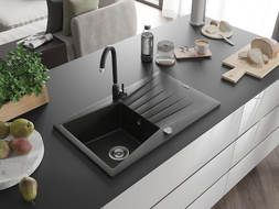 Mexen Cesar žulový drez s 1 komorou a odkvapkávacou plochou a kuchynskou batériou Telma, čierno/zlatý - 6514-75-670200-70